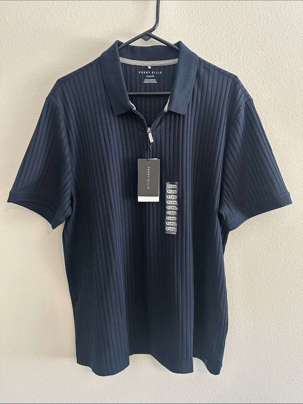 Perry Ellis Navy Ribbed Zip-Front Polo